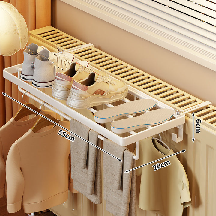 Radiator-Mounted Foldable Drying Rack with Shoe Shelf and Multi-Hook Garment Rail