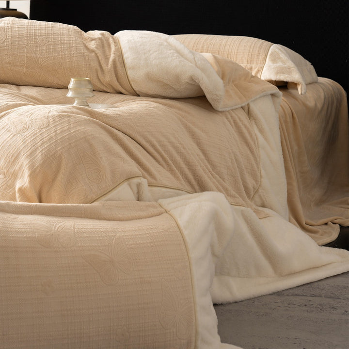 Plush Reversible Faux-Fur Comforter Set with Quilted Butterfly-Embossed Cotton Top and Decorative Throw Pillow