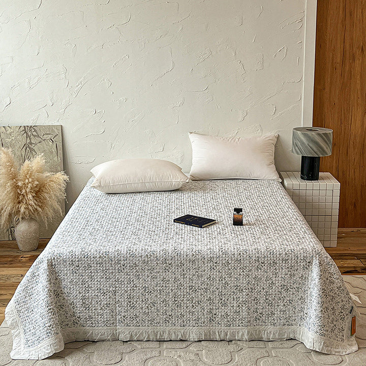 Quilted Bedspread Coverlet with Ruffled Edge and Mini Floral Print