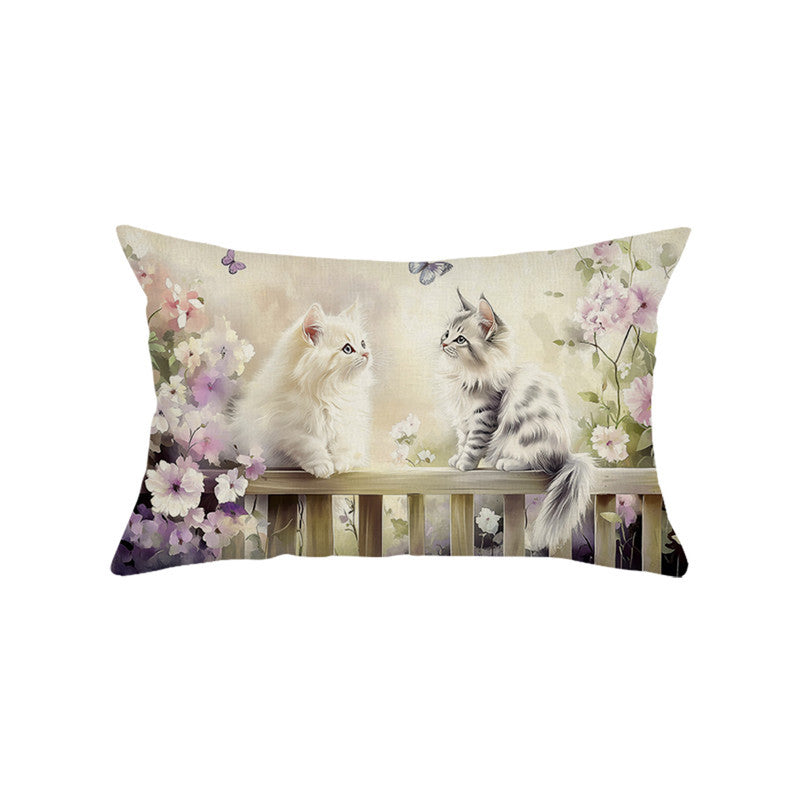 Decorative Rectangular Cotton-Linen Pillow Cover with Kitten Garden Illustration