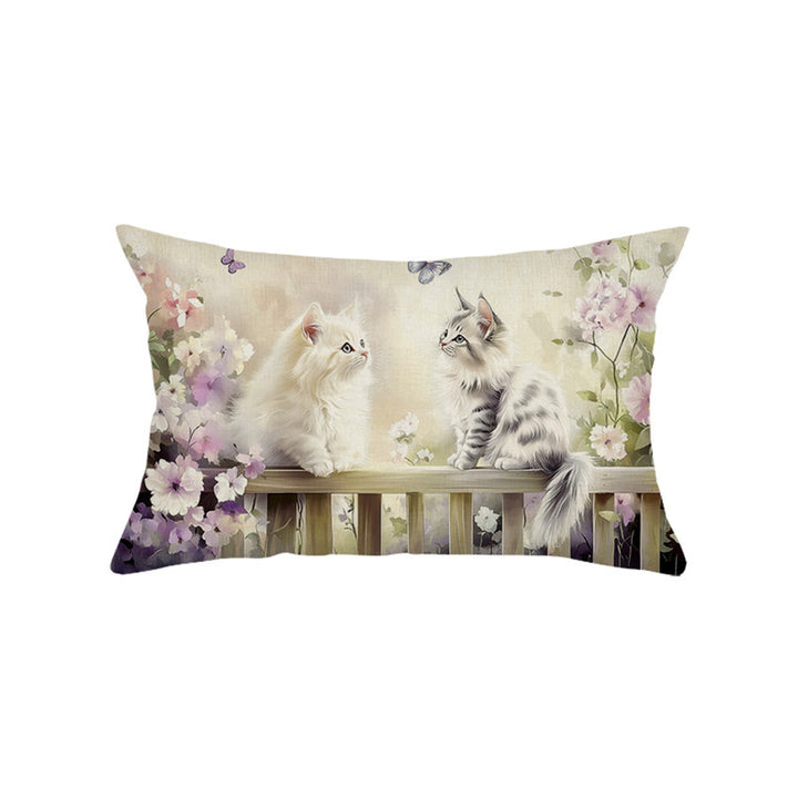 Decorative Rectangular Cotton-Linen Pillow Cover with Kitten Garden Illustration