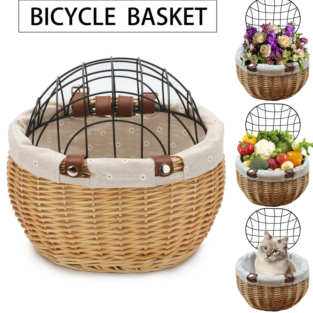 woven rattan pet carrier basket with collapsible metal dome and removable linen lining Stornfield