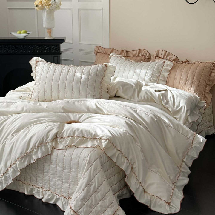 Quilted Ruffled Duvet Cover Set with Satin-Trim Pillow Shams