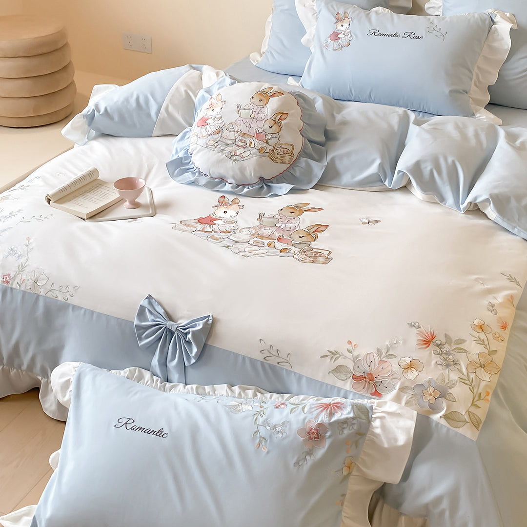 Ruffled Embroidered Cotton Sateen Bedding Ensemble with Decorative Round Pillow & Ruffled Skirt
