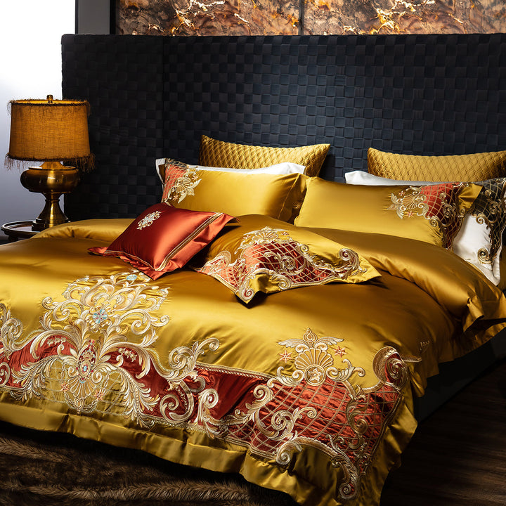 Luxury Embroidered Satin Duvet Cover Set with Decorative Pillow Shams
