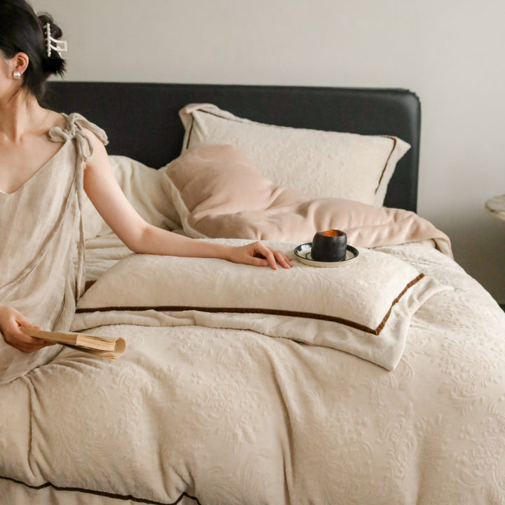 Quilted Microfiber Duvet Cover Set with Piped Shams and Embossed Leaf Texture