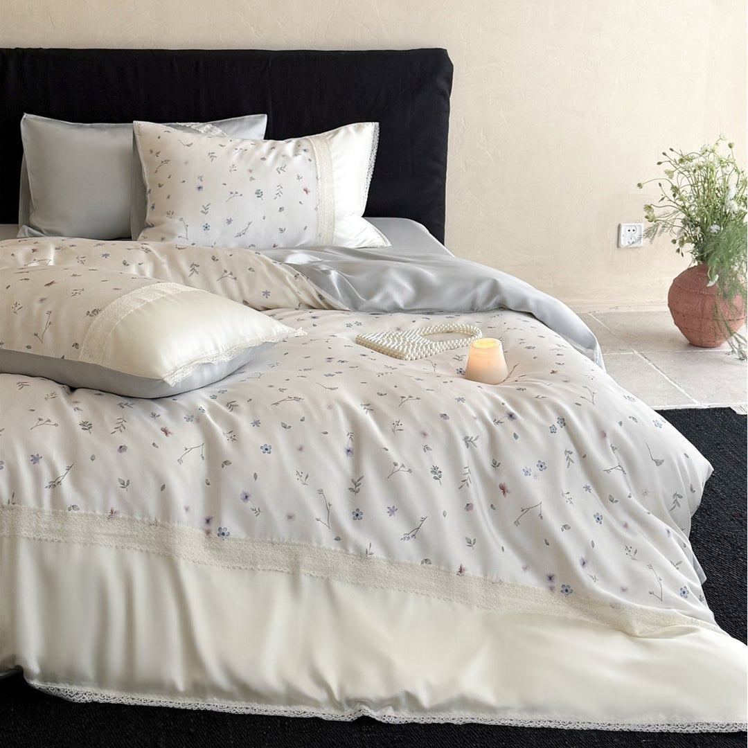 Floral Lace-Trim Satin Duvet Cover and Pillowcase Set