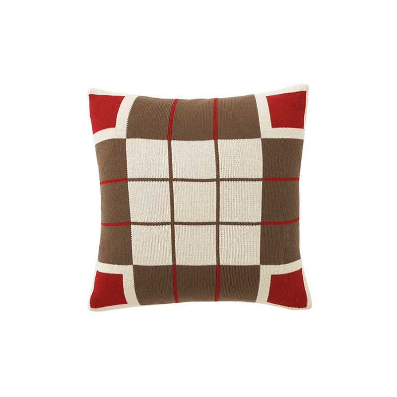 decorative knitted pillow with geometric check pattern