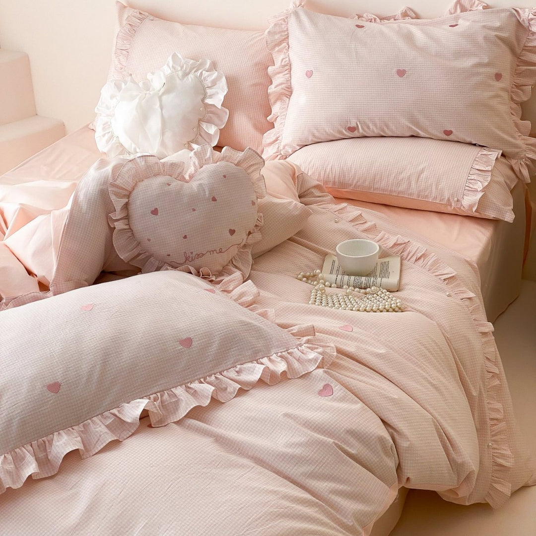 Romantic Ruffled Heart-Print Cotton Duvet Cover Set
