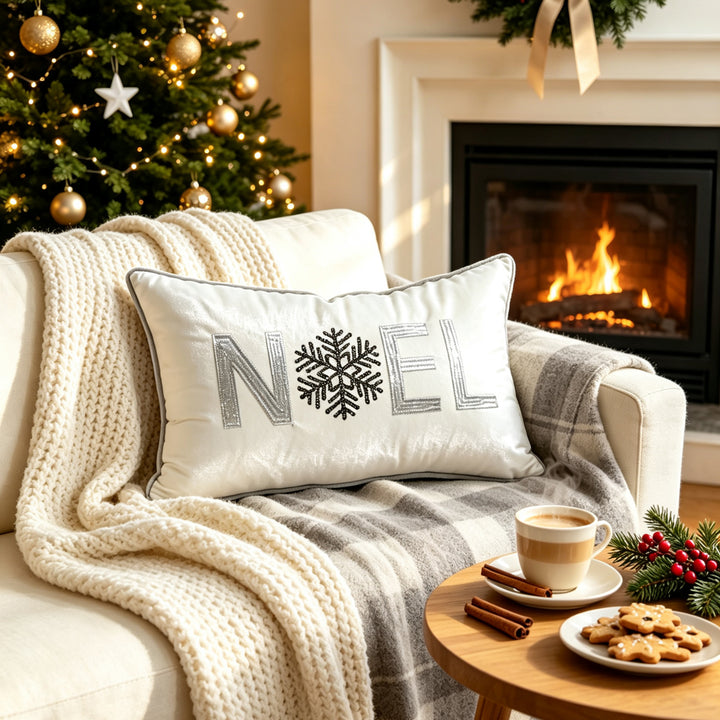 Embroidered Holiday Square Throw Pillow Cover with Piped Edge and Removable Insert