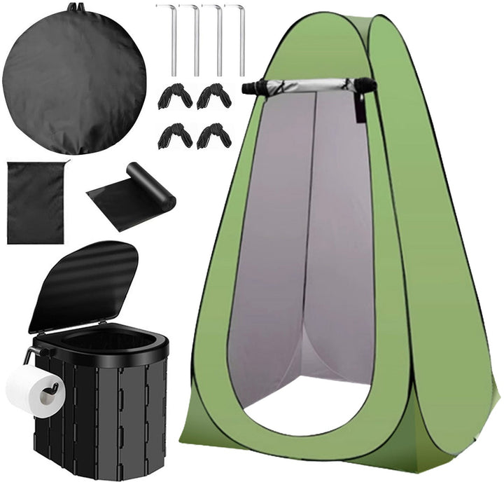 Portable pop-up privacy tent and collapsible camping toilet kit with full accessory set Stornfield
