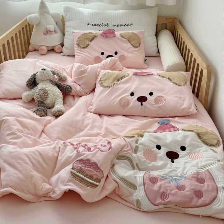Kids Appliqué Puppy Cotton Sateen Duvet Cover with Quilted Puppy Face Pillow Shams
