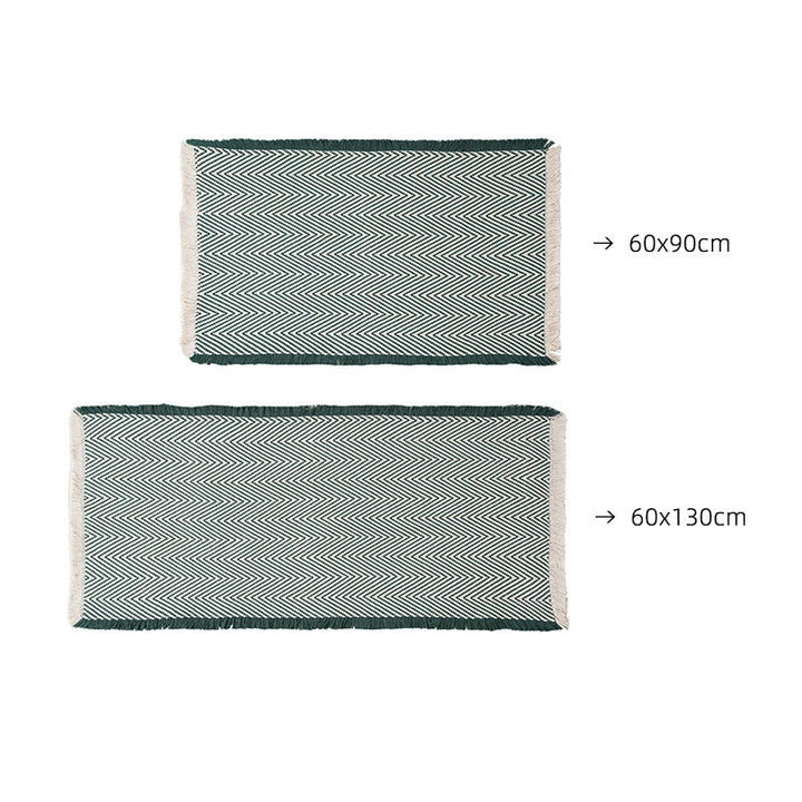 Woven runner and door mat set with herringbone structure and decorative fringes
