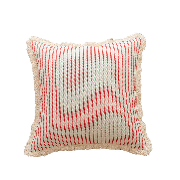 Square Striped Canvas Throw Pillow with Natural Fringe Trim