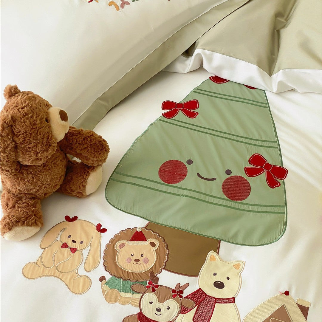 Cartoon Embroidered Kids Duvet Cover Bedding Set with Olive-Edge Pillow Shams