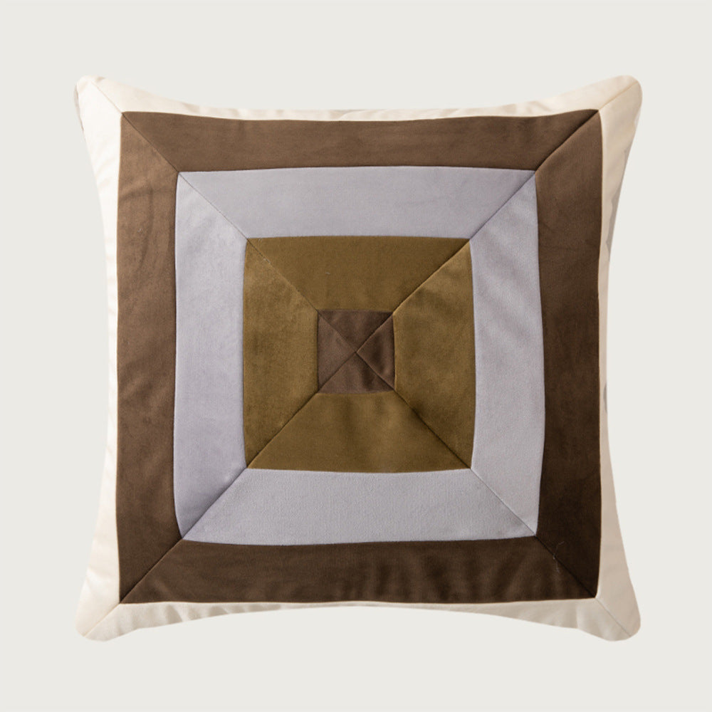 Square decorative cushion with striped velvet inlay and geometric pleated look