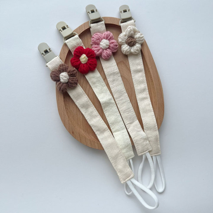 Handmade Cotton Pacifier Clip with Gingham Strap and Knitted Flower
