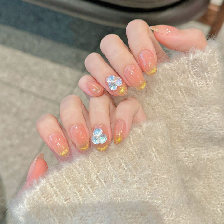 Elegant Decorative Press-On Nail Set with Rhinestone and Floral Accents