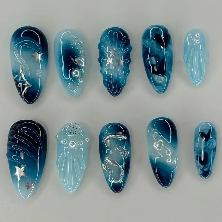 Artistic Ocean-Themed Press-On Nail Art Stornfield