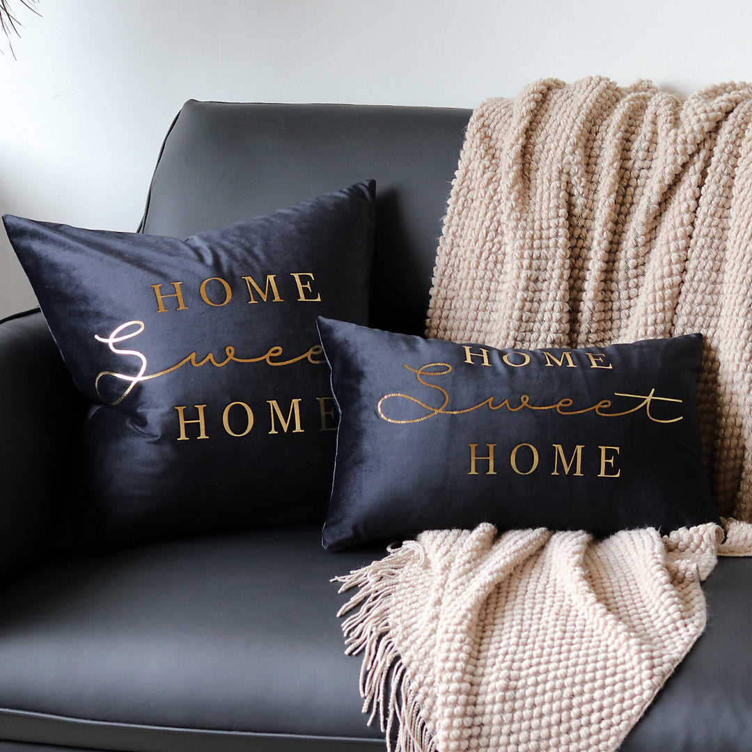 Plush Velvet Rectangular Lumbar Accent Pillow with Metallic Script Embroidery and Hidden Zip