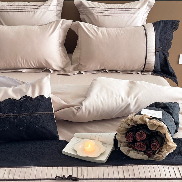 Embroidered Cotton Sateen Duvet Cover Set with Pleated Trim