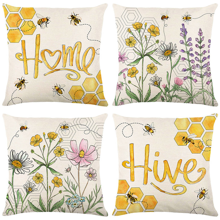Decorative Cotton-Linen Square Throw Pillow Cover with Hand-Drawn Wildflower & Bee Illustration Concealed Zipper