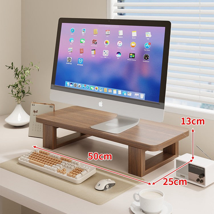 Wide Wooden Monitor Riser Shelf with Under-Shelf Storage and Cable Management