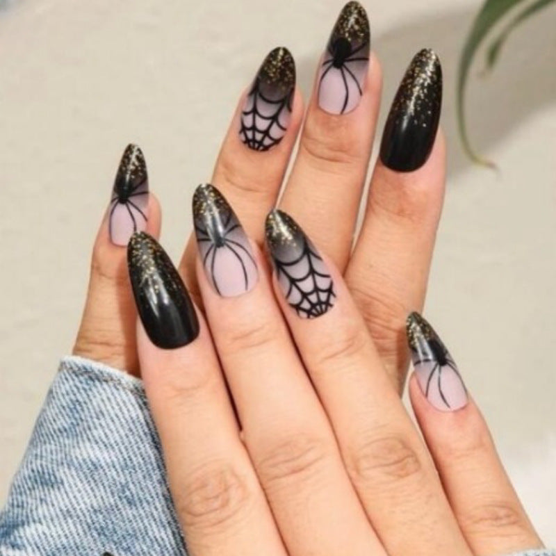 Artistic Press-On Nail Set with Glitter and Spider Web Design Stornfield