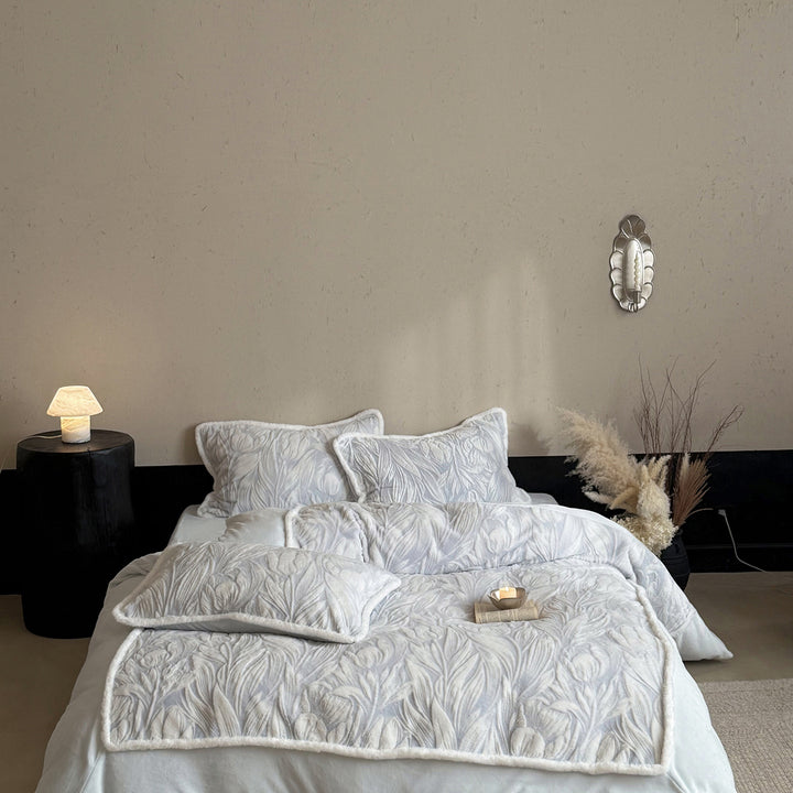 Quilted Embossed Velvet Floral Bedspread Set with Faux-Sherpa Trim