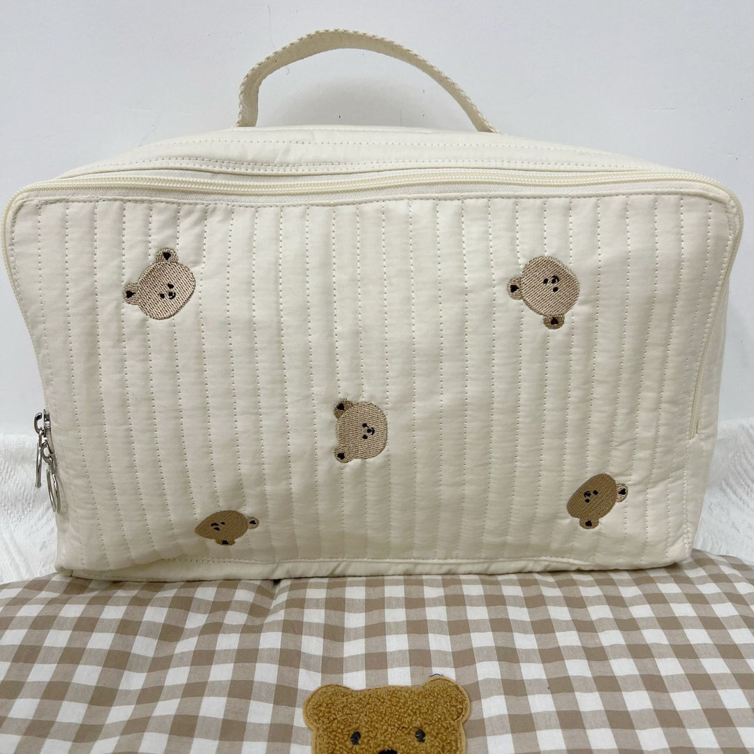 Quilted Portable Baby Mattress Carry Case with Handle and Embroidered Fruit Motif