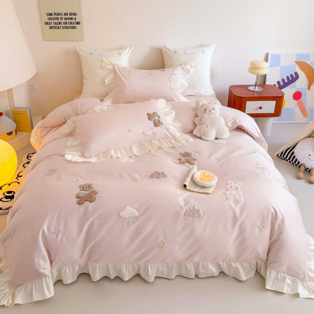 Ruffled Embroidered Teddy and Cloud Cotton Sateen Duvet Cover Set