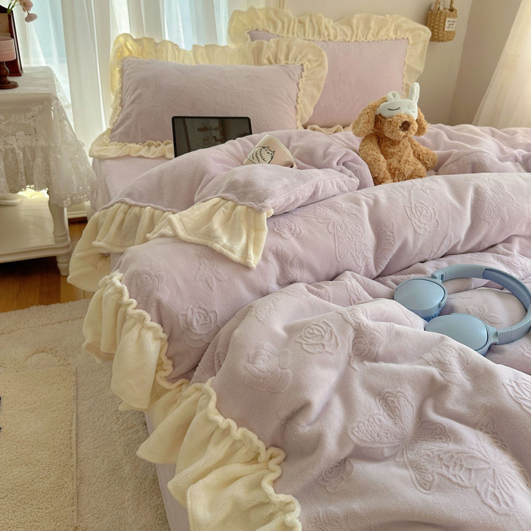 Plush Embroidered Butterfly Microfleece Reversible Comforter with Ruffle Trim
