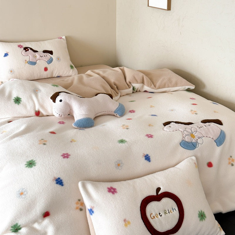 Cozy Reversible Bedding Set with Embroidered Horse Applique and Plush Toy