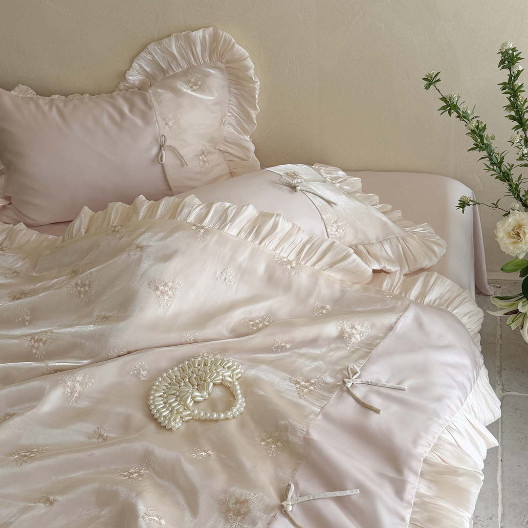 Luxury Ruffled Embroidered Satin Bedding Set