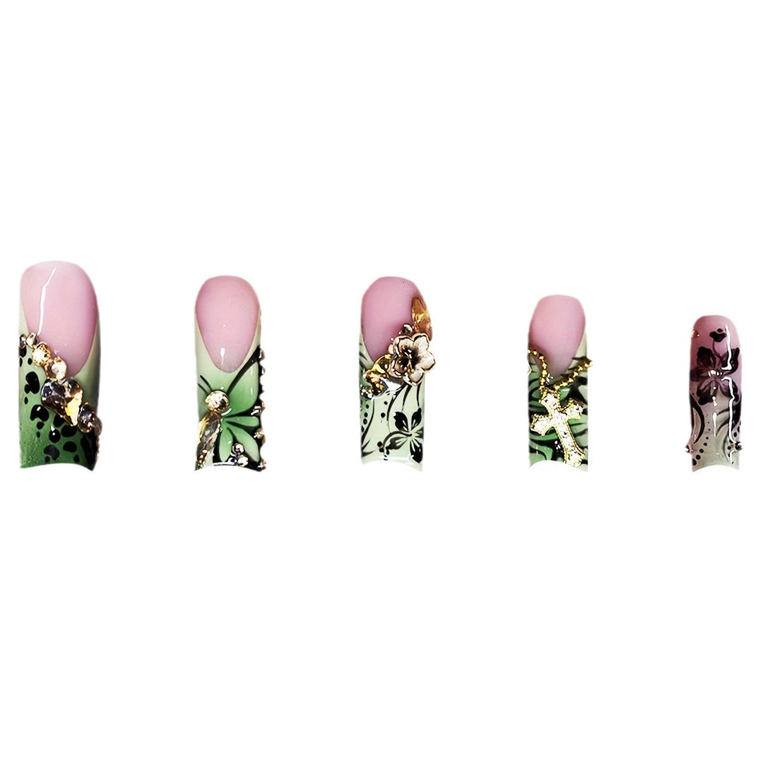 Decorative Floral Press-On Nails with Gem Accents Stornfield