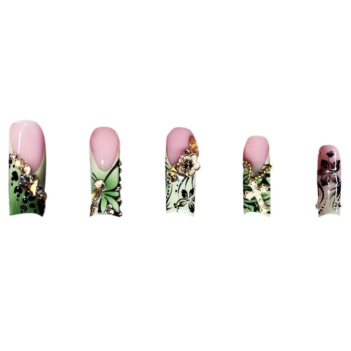 Decorative Floral Press-On Nails with Gem Accents Stornfield