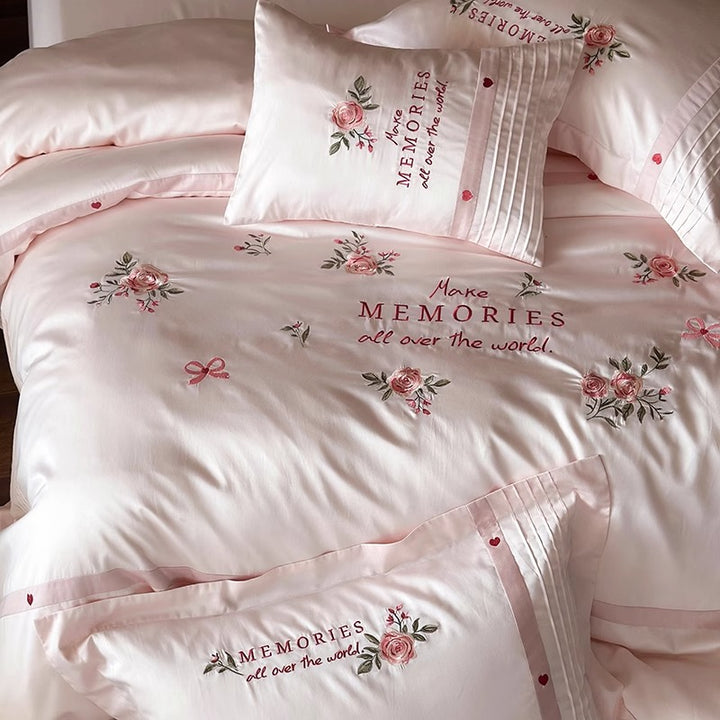 Embroidered Floral Cotton-Sateen Duvet Cover Set with Pintuck Accent Shams