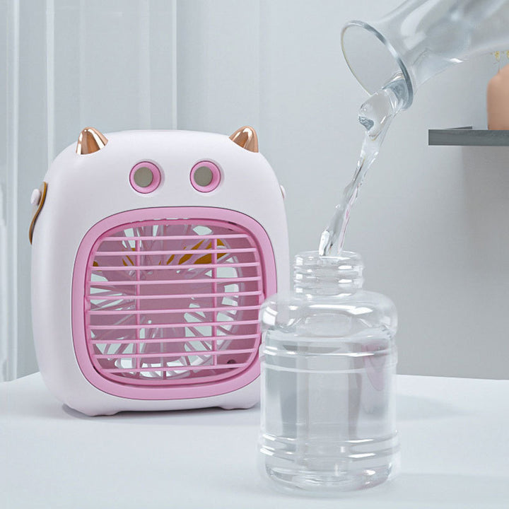 Cooling compact tabletop evaporative misting fan humidifier with refillable top-fill reservoir and adjustable airflow Stornfield