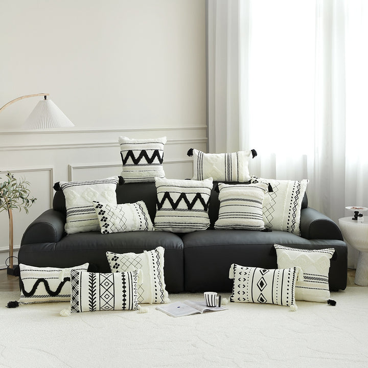Rectangular Woven Lumbar Decorative Pillow with Tufted Diamonds and Tassels