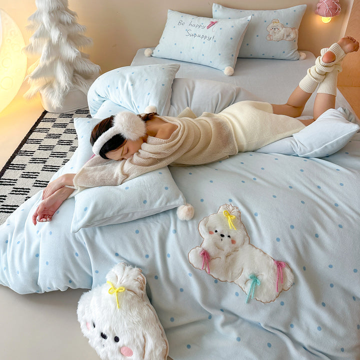 Plush Embroidered Dog Duvet Cover Bedding Set with Pom-Pom Pillowcases