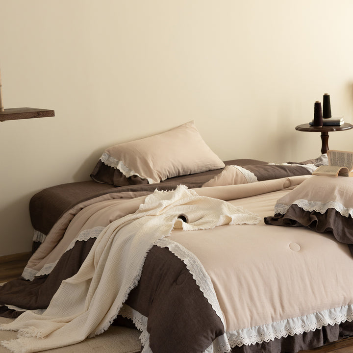 Ruffled Lace-Trimmed Linen Duvet Cover & Tufted Comforter Set