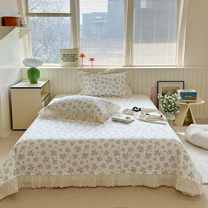 Quilted Polka Dot Cotton Bedspread Set with Eyelet Lace Ruffled Shams
