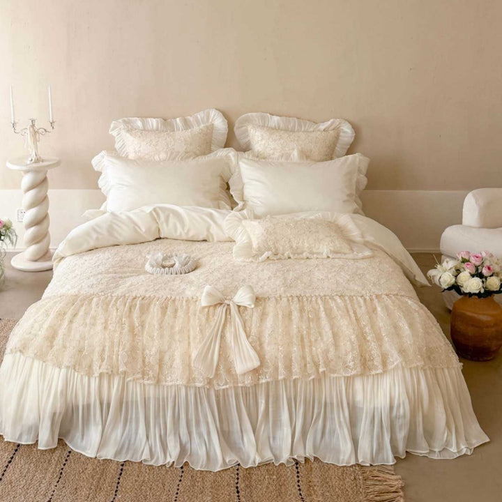 Ruffled Lace-Overlay Romantic Bedspread and Duvet Cover Set with Decorative Bow