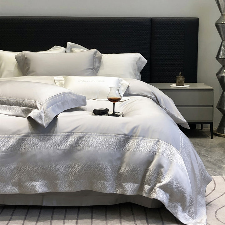 Hotel-Style Organic Cotton Duvet Cover Set with Woven Border and Envelope Pillowcases