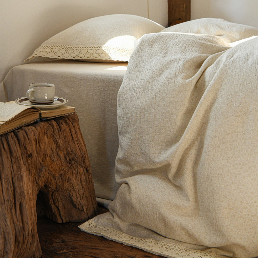 Breathable Linen-Cotton Washed Duvet Cover Set with Crocheted Lace Edge & Envelope Closure