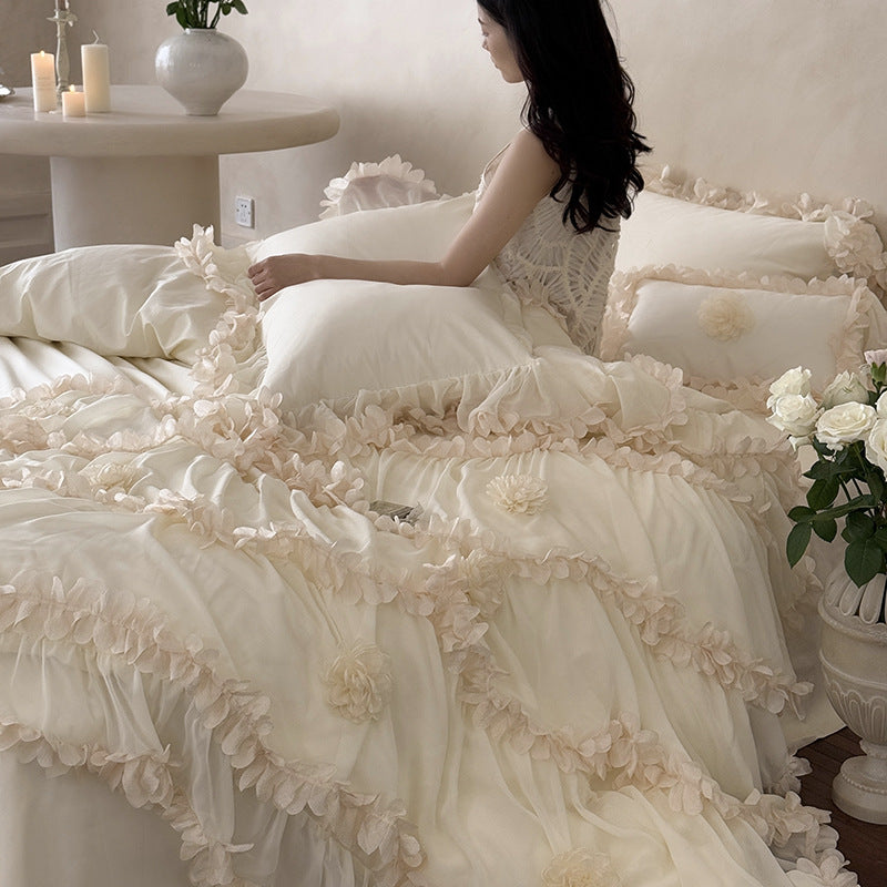Tiered Rosette-Embellished Cotton Duvet Cover Set
