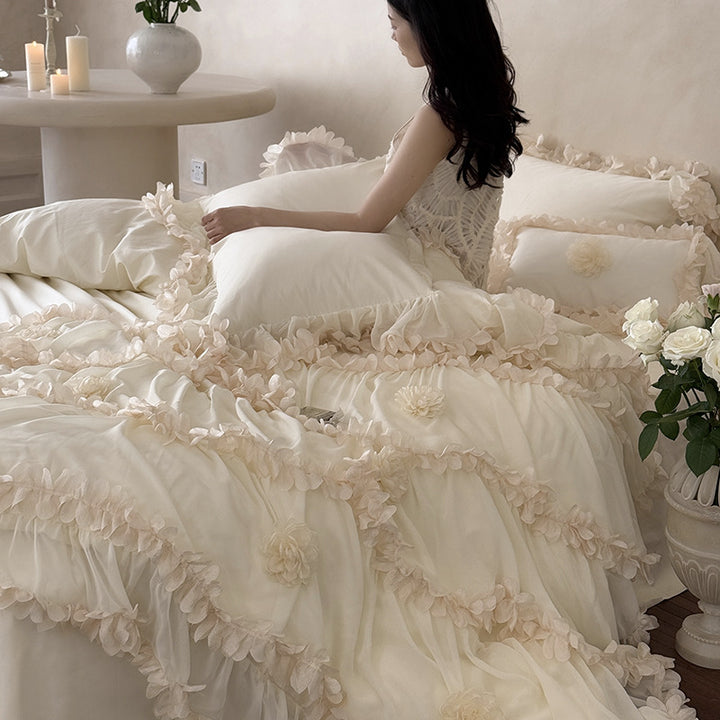 Tiered Rosette-Embellished Cotton Duvet Cover Set