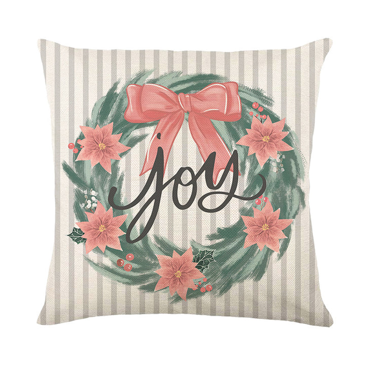 Decorative Linen-Texture Throw Pillow Cover Holiday Wreath Joy Script Print with Hidden Zipper