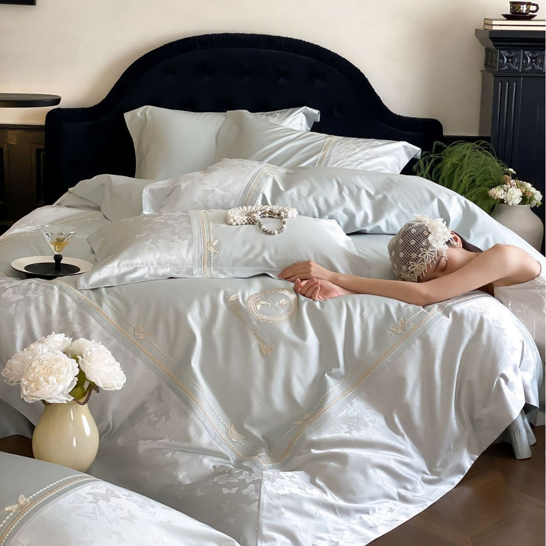 Silky Embroidered Butterfly Jacquard Duvet Cover Set with Decorative Pillow Shams