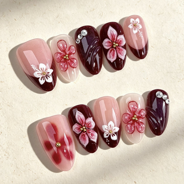 Floral-Embossed Artisanal Press-On Nail Collection